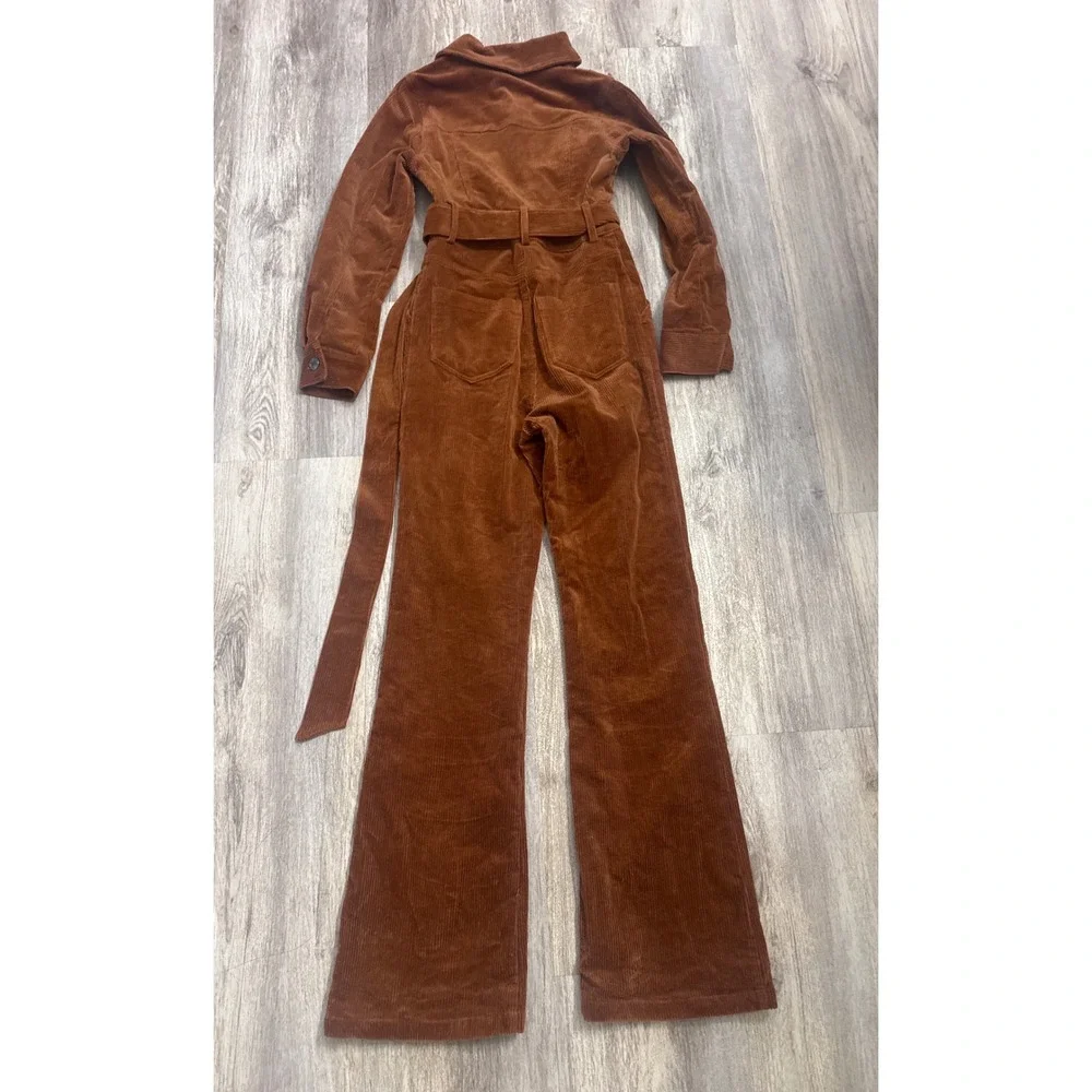 Nasty Gal Broken Re-Cord Jumpsuit Brown Corduroy Flare Zip Front Belted Size 2 - Picture 4 of 10